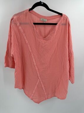 Abaca 100% Cotton Gauzey Elbow Sleeve Coral Pink Blouse Boho Lagenlook Medium